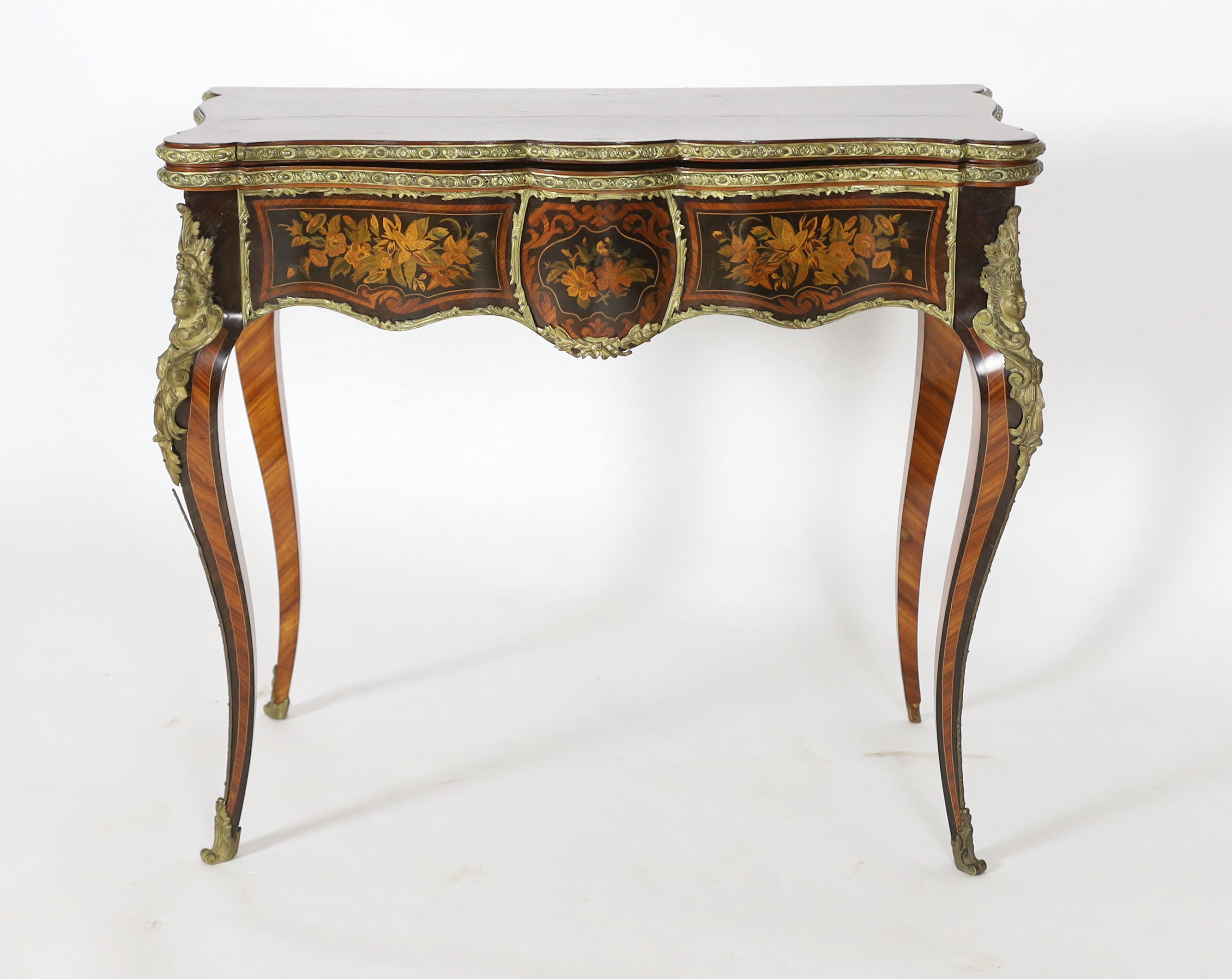 A late 19th century French ormolu mounted marquetry card table 89cm wide, 44cm deep, 78cm high